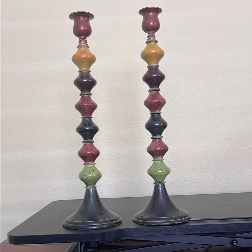 Pair of Colorful Metal Candleholders – 14" Tall